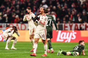 MUNICH (Germany), 18/02/2025.- Leroy Sane of Bayern reacts during the UEFA Champions League knockout phase play-offs 2nd leg match between FC Bayern Munich and Celtic FC in Munich, Germany, 18 February 2025. (Liga de Campeones, Alemania) EFE/EPA/ANNA SZILAGYI