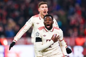 MUNICH (Germany), 18/02/2025.- Alphonso Davies of Bayern celebrates scoring the equalizer during the UEFA Champions League knockout phase play-offs 2nd leg match between FC Bayern Munich and Celtic FC in Munich, Germany, 18 February 2025. (Liga de Campeones, Alemania) EFE/EPA/ANNA SZILAGYI