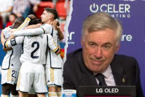 Real Madrid festejando la victoria ante Osasuna, Carlo Ancelotti en conferencia de prensa en su victoria 200 con los 'merengues'.(Fotos: 'X' Real Madrid C. F. / Captura de pantalla 'YouTube' LALIGA EA SPORTS)