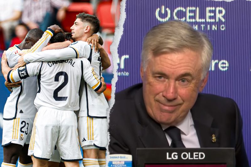 Real Madrid festejando la victoria ante Osasuna, Carlo Ancelotti en conferencia de prensa en su victoria 200 con los 'merengues'.(Fotos: 'X' Real Madrid C. F. / Captura de pantalla 'YouTube' LALIGA EA SPORTS)