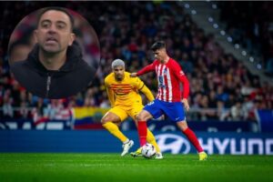 Xavi Hernández expulsado en la primera parte del Atlético de Madrid vs Barcelona. (Fotos: 'X' FC Barcelona / Captura de pantalla LA LIGA EA SPORTS)