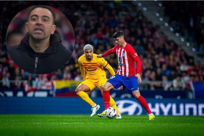 Xavi Hernández expulsado en la primera parte del Atlético de Madrid vs Barcelona. (Fotos: 'X' FC Barcelona / Captura de pantalla LA LIGA EA SPORTS)