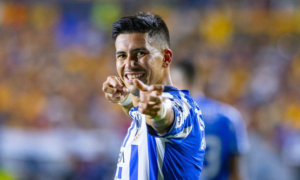 Maxi Meza, jugador de Rayados de Monterrey, tras anotar en la ida de los cuartos de final del Clausura 2024