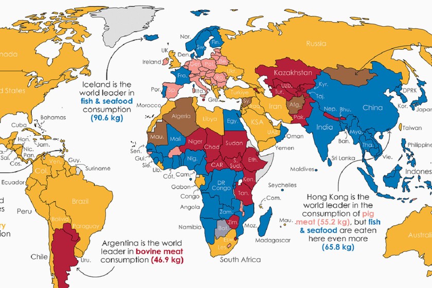 Los países que más y menos carne consumen en el mundo, ilustrados en un detallado mapa