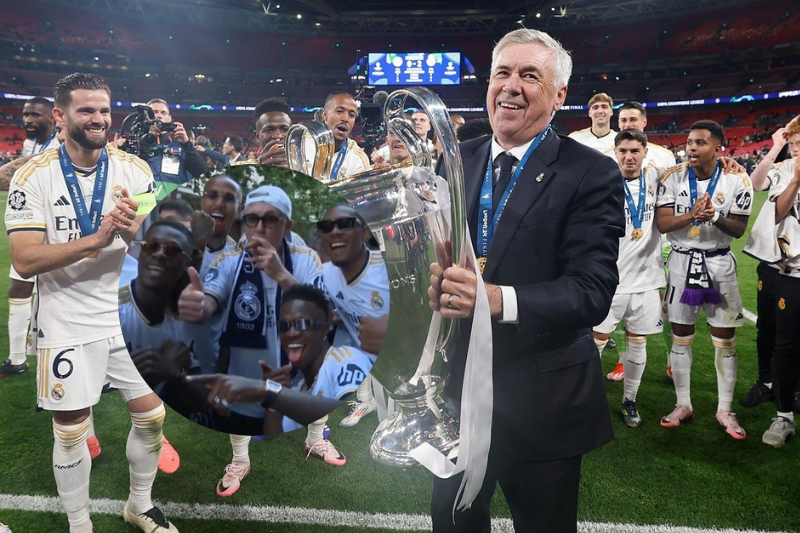 Carlo Ancelotti en los festejos del Real Madrid tras conseguir la Champions League 2024 en Wembley. (Foto: 'X' Carlo Ancelotti / 'Captura de pantalla' Real Madrid TV)