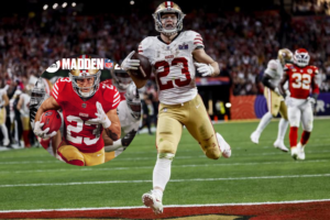 El corredor de los San Francisco 49ers Christian McCaffrey fue como la nueva portada del Madden 25. (Fotos: EFE / 'X' / Madden NFL)
