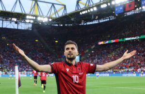 Dortmund (Germany), 15/06/2024.- Nedim Bajrami of Albania celebrates scoring the 1-0 during the UEFA EURO 2024 group B soccer match between Italy and Albania, in Dortmund, Germany, 15 June 2024. (Alemania, Italia) EFE/EPA/FRIEDEMANN VOGEL