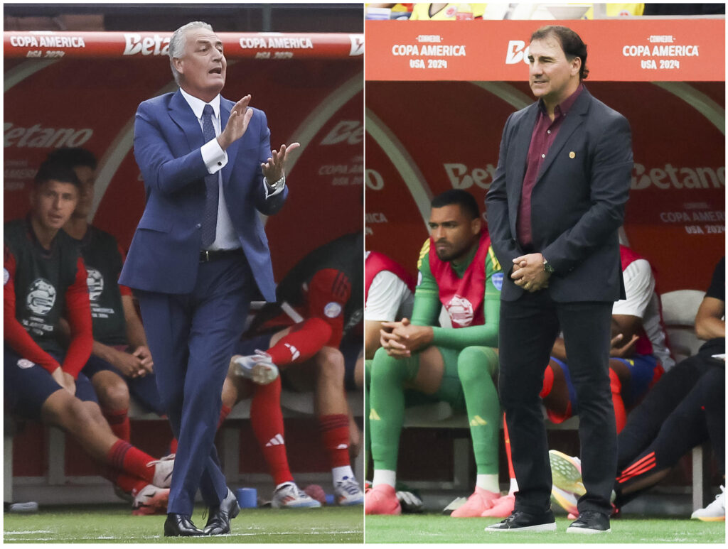 Combo de dos fotografías donde se ven los entrenadores argentinos Gustavo Alfaro y Néstor Lorenzo. Alfaro y Lorenzo, de Costa Rica y Colombia, se conocen bien. Con estilos diferentes, cada uno intentará acertar en la estrategia y priorizar el talento de sus jugadores para ganar el viernes el segundo partido del Grupo D de la Copa América. EPA-EFE/ LESLIE PLAZA JOHNSON/CAROLINE BREHMAN
