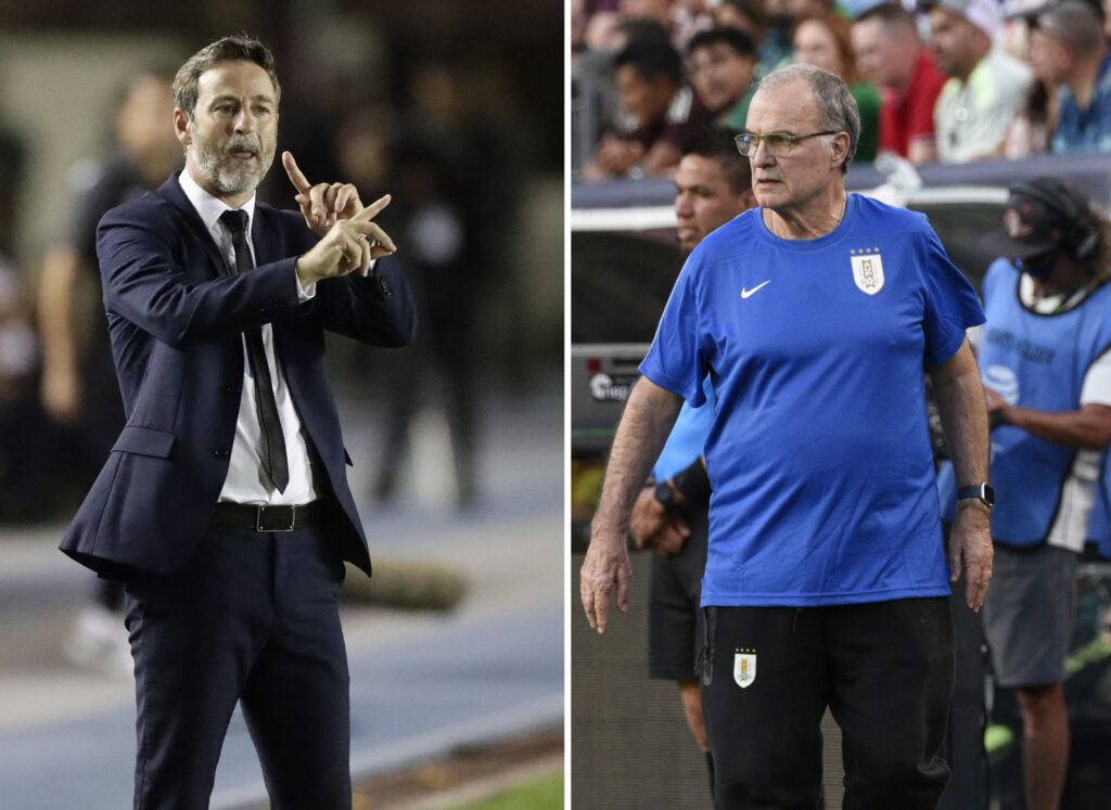 Combo de fotografías de archivo donde se observan a los entrenadores Thomas Christiansen (i) de Panamá y Marcelo Bielsa de Uruguay. EFE/ Archivo