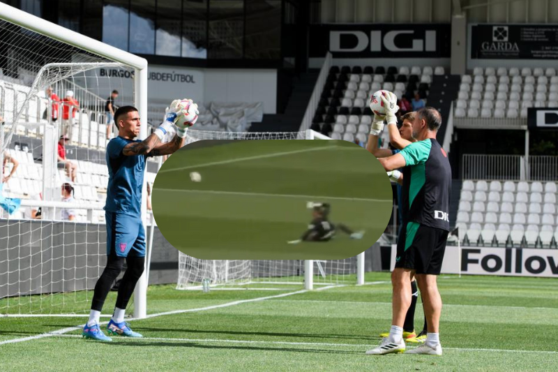 Álex Padilla en el error en su debut con el Athletic Club ante el Burgos. (Fotos: 'X' Athletic Club / Captura de pantalla @julioordz10)