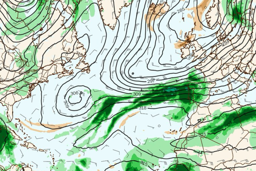 Esa línea verde que se ve en la imagen es un enorme tren de humedad tropical que va a impactar directamente en España