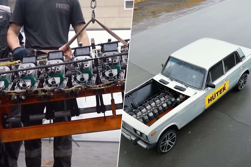 Han construido un coche con un motor V16 a base de motosierras. Funciona y es ruso, claro
