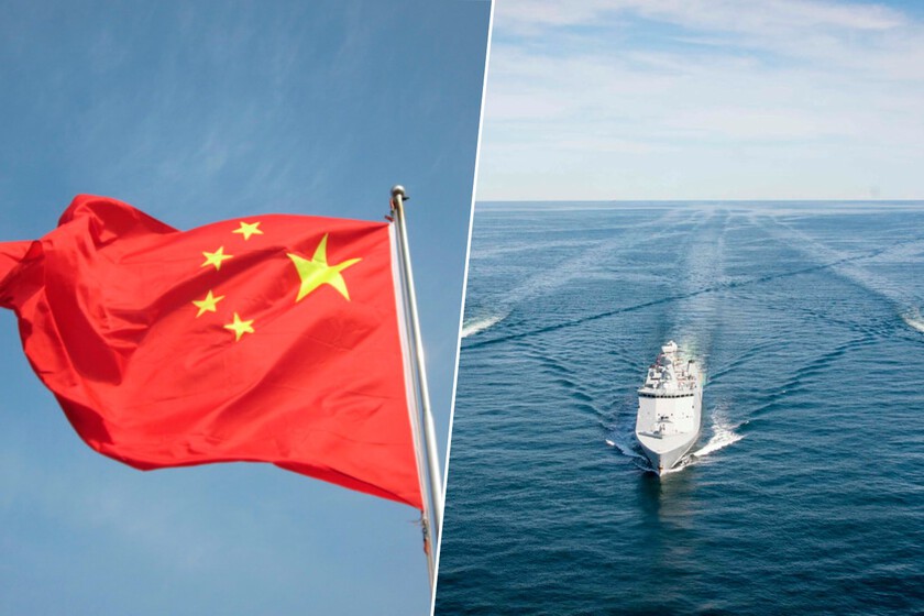 un barco con bandera china... y Rusia
