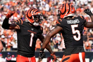 2Y8RAJ1 Cincinnati Bengals wide receiver Tee Higgins (5) reacts with teammate Ja'Marr Chase (1) after catching a touchdown pass against the Baltimore Ravens during the second half of an NFL football game, Sunday, Oct. 6, 2024, in Cincinnati. (AP Photo/Jeff Dean)