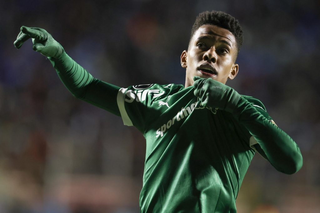 Estevao Almeida de Palmeiras celebra un gol en un partido de la fase de grupos de la Copa Libertadores. EFE/ Esteban Biba